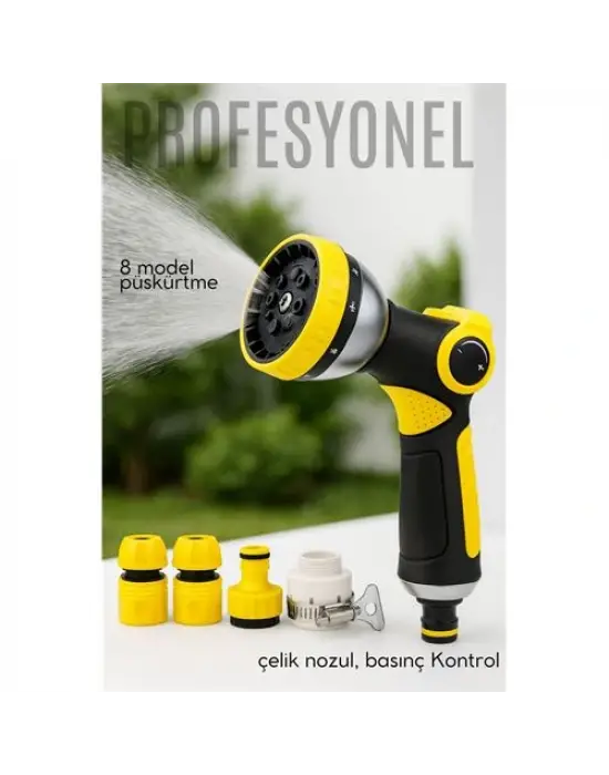 Profesyonel 8 Modelli Metal Basınçlı Sulama Tabancası Seti | Ayarlanabilir Jet | Hortum Konnektörlü