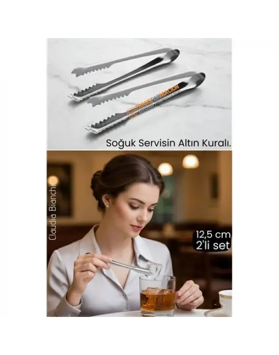 Profesyonel Bar Serisi 2li Paslanmaz Çelik Buz Maşası Seti | Kokteyl & Sunum İçin Kaydırmaz Kavrama