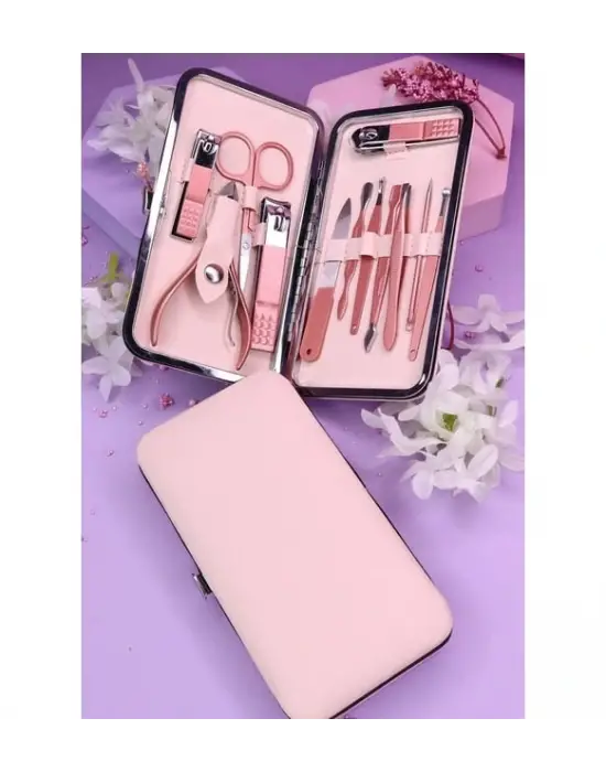 Profesyonel Çantalı Tırnak Bakım Manikür Seti Pembe Renk 12 Parça