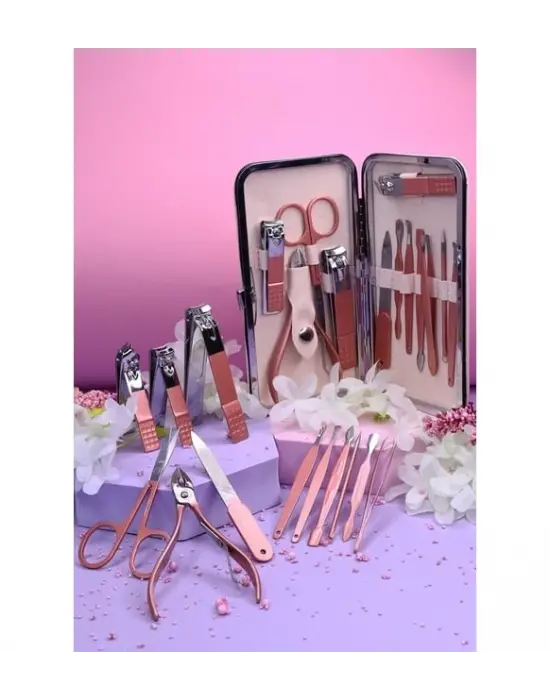Profesyonel Çantalı Tırnak Bakım Manikür Seti Pembe Renk 12 Parça