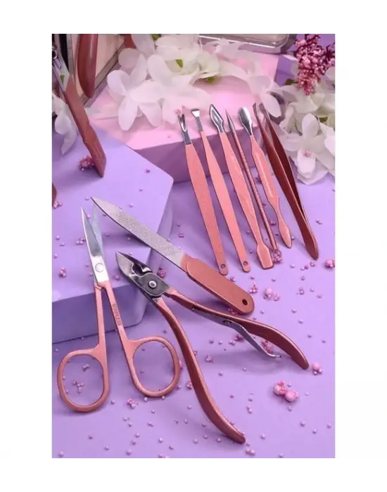 Profesyonel Çantalı Tırnak Bakım Manikür Seti Pembe Renk 12 Parça
