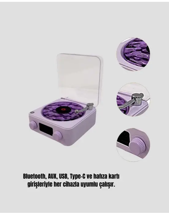 Projektör Işıklı Retro Hoparlör Bluetooth Aux Usb Hafıza Kartlı 360° Sesli Şarjlı