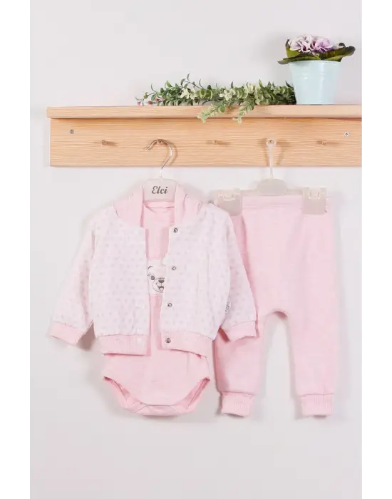 Puan Desenli Kapişonlu % 100 Pamuk 3lü Kız Bebek Takım