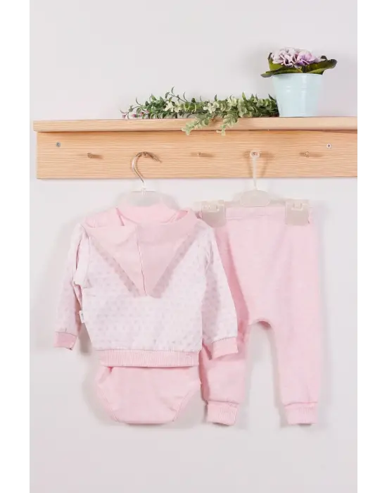 Puan Desenli Kapişonlu % 100 Pamuk 3lü Kız Bebek Takım