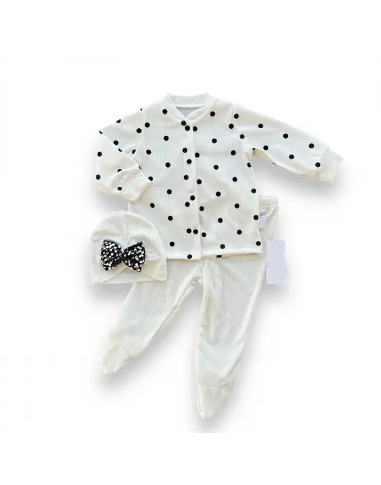 Omarı Puantiyeli Şapkalı Çıtçıt Kapamalı Bebek Takımı - Beyaz