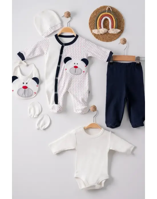 Puanlı Ayıcık Nakışlı Tulumlu % 100 Pamuk Erkek Bebek 5li Set