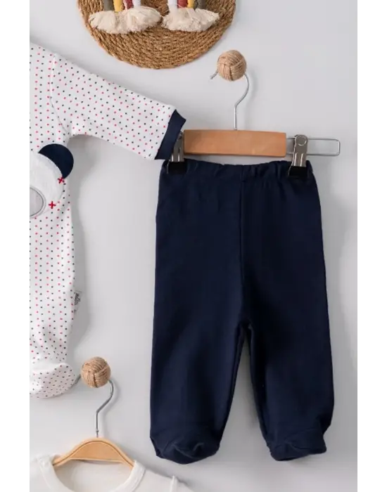 Puanlı Ayıcık Nakışlı Tulumlu % 100 Pamuk Erkek Bebek 5li Set