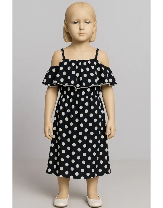 Puantiyeli askılı prenses elbise kız çocuk lacivert