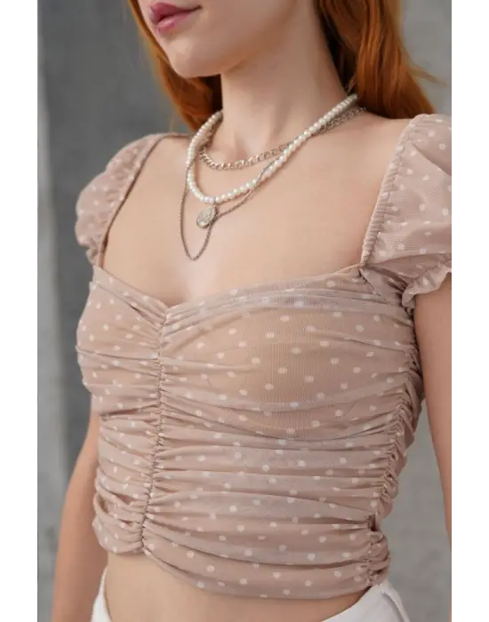 Puantiyeli Belden Oturtmalı Tül Krem Bluz