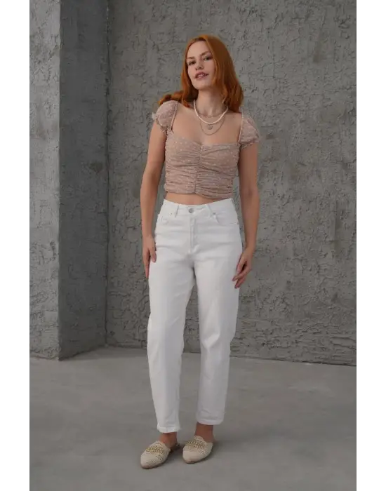 Puantiyeli Belden Oturtmalı Tül Krem Bluz