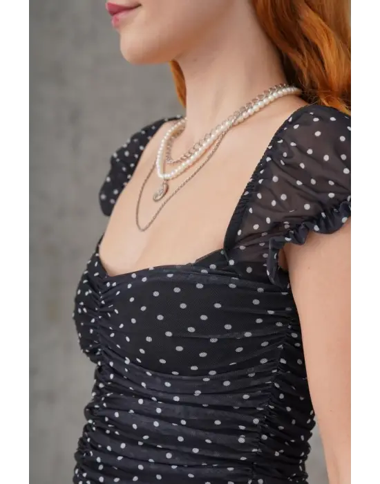 Puantiyeli Belden Oturtmalı Tül Siyah Bluz