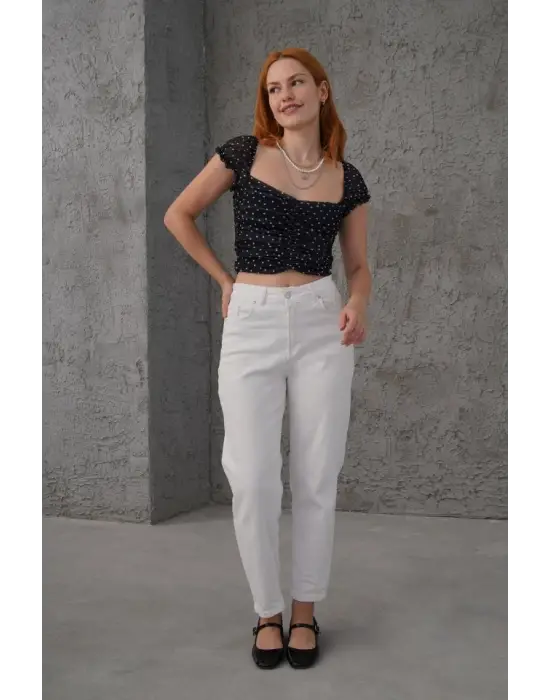 Puantiyeli Belden Oturtmalı Tül Siyah Bluz