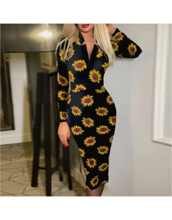 Omarı Puantiyeli V Yaka Uzun Kollu Elbise