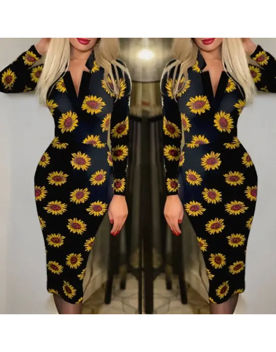 Omarı Puantiyeli V Yaka Uzun Kollu Elbise