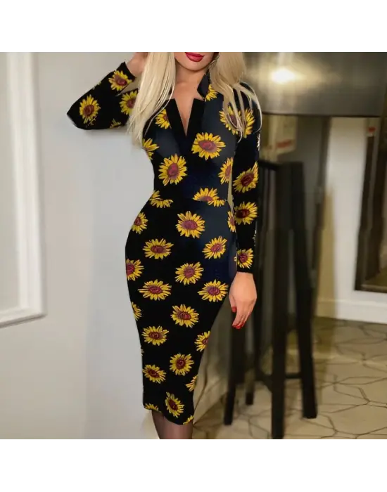 Omarı Puantiyeli V Yaka Uzun Kollu Elbise