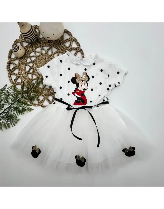 Omarı Mickey Baskılı Puantiyeli Kız Bebek Tütü Elbisesi