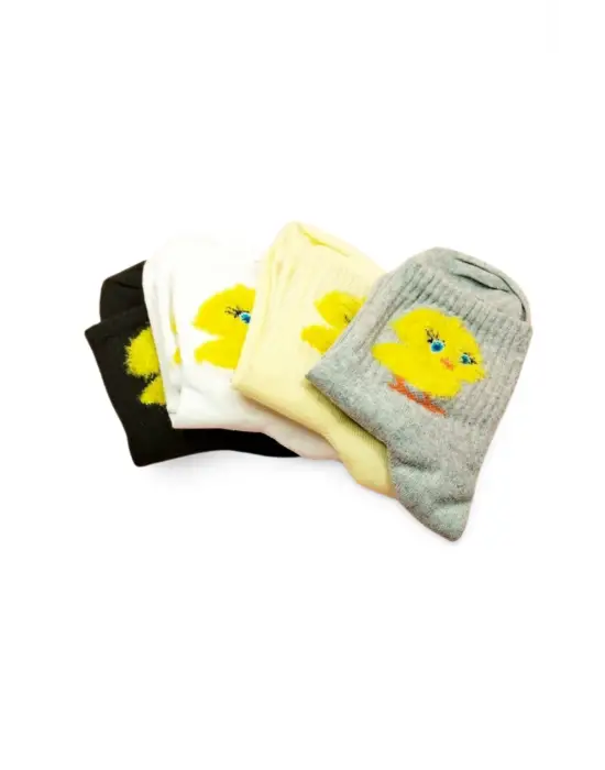 Omarı Peluş Civciv Desenli Kadın Soket Çorap Seti