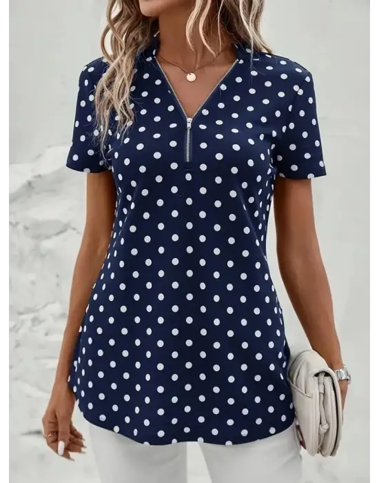 Omarı Fermuar Detaylı Kadın Puantiyeli Viskon Bluz