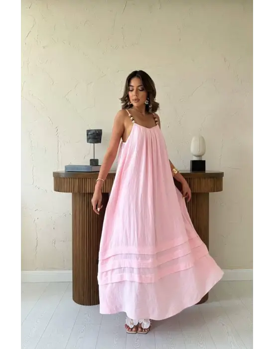 Omarı Hafif Dokulu Askılı Elbise