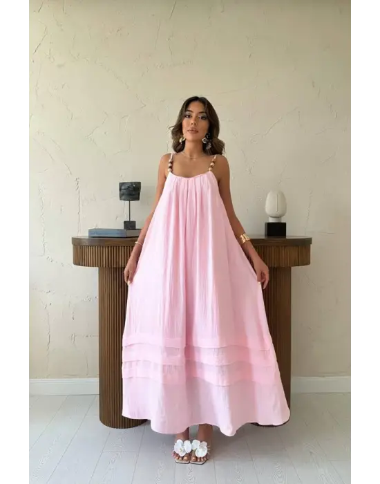 Omarı Hafif Dokulu Askılı Elbise