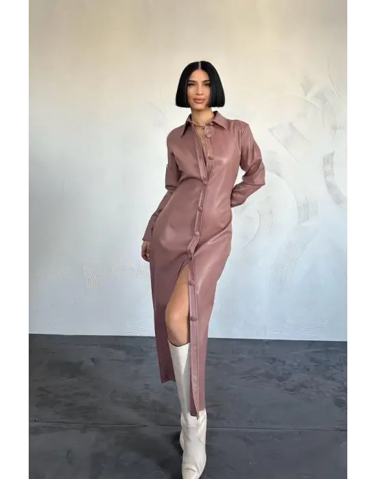 Omarı Deri Elbise Pudra Renginde Düğmeli Şıklık