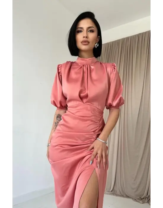 Pudra Büzgülü Saten Elbise