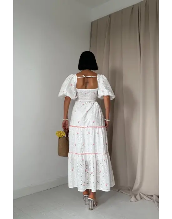 Omarı Dantel Detaylı Brode Elbise