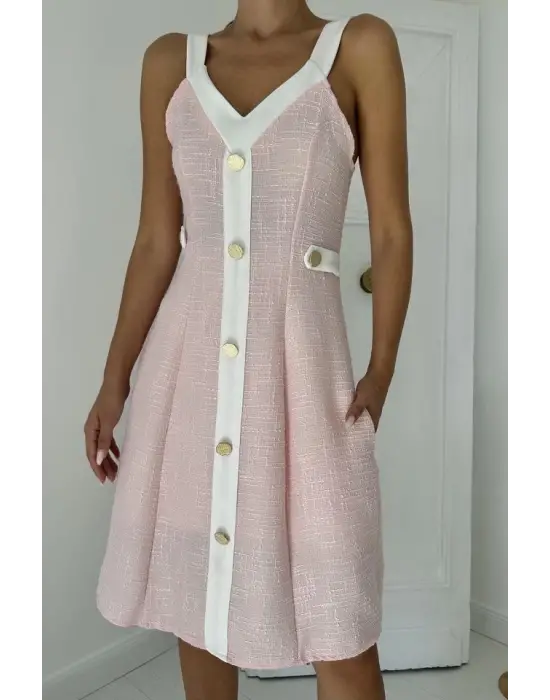 Omarı Zarif Pudra Ekru Elbise