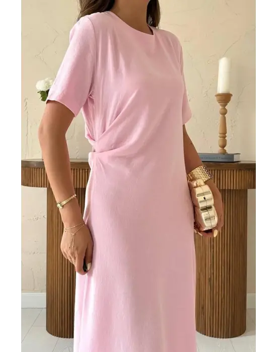 Pudra Pileli Bisiklet Yaka Elbise