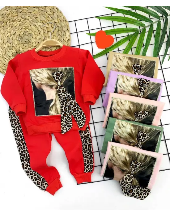 Omarı Lepoar Şerit Desenli Kız Çocuk Takımı Pudra