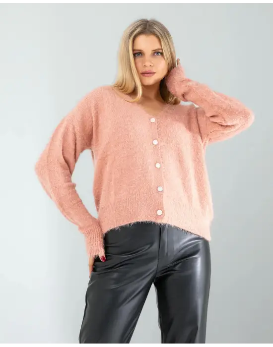 Omarı Yumuşak Dokulu Pudra Renkli Triko Hırka