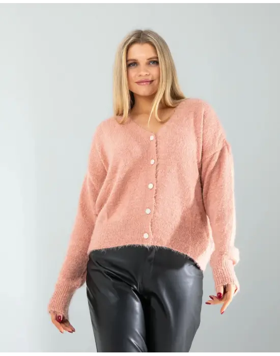 Omarı Yumuşak Dokulu Pudra Renkli Triko Hırka