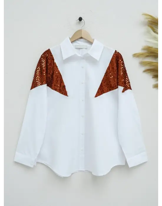 Pul Payet Detaylı Salaş Gömlek -Kiremit