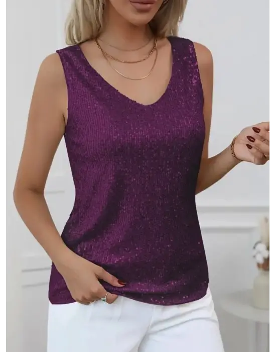 Pul Payetli Sıfır Kol Bluz -Mürdüm