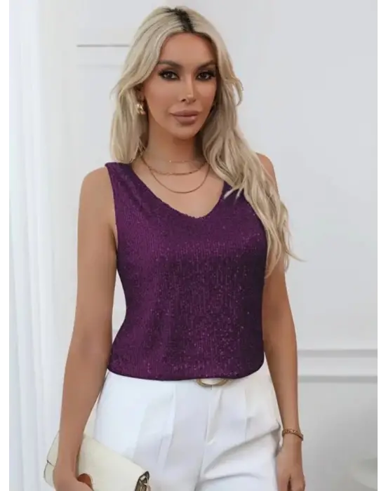 Omarı Parlak Pul Payet Detaylı Sıfır Kol Bluz