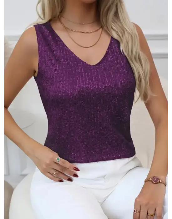 Omarı Parlak Pul Payet Detaylı Sıfır Kol Bluz