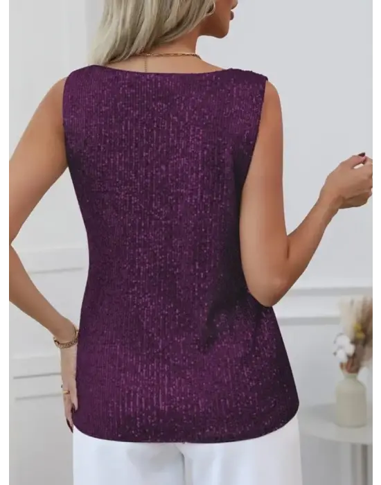 Pul Payetli Sıfır Kol Bluz -Mürdüm