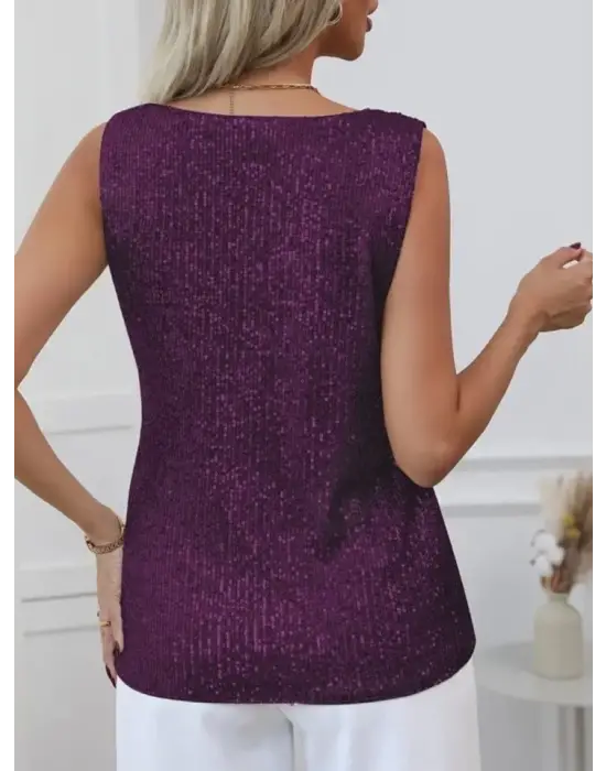 Omarı Parlak Pul Payet Detaylı Sıfır Kol Bluz