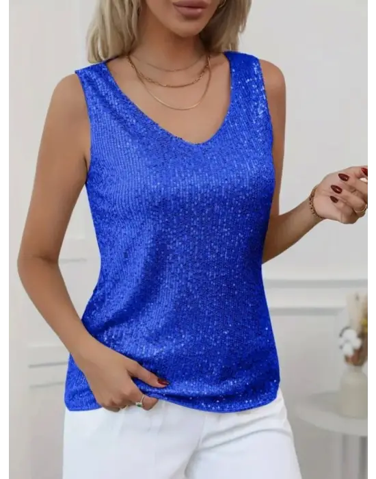 Pul Payetli Sıfır Kol Bluz -Saks