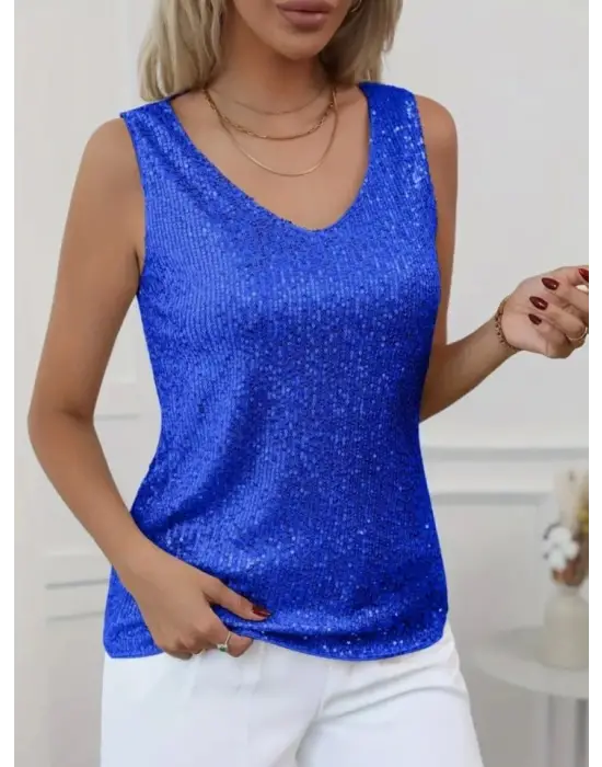 Omarı Parlak Payet Detaylı Kolsuz Bluz