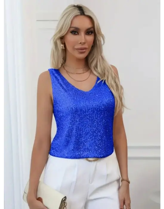 Pul Payetli Sıfır Kol Bluz -Saks