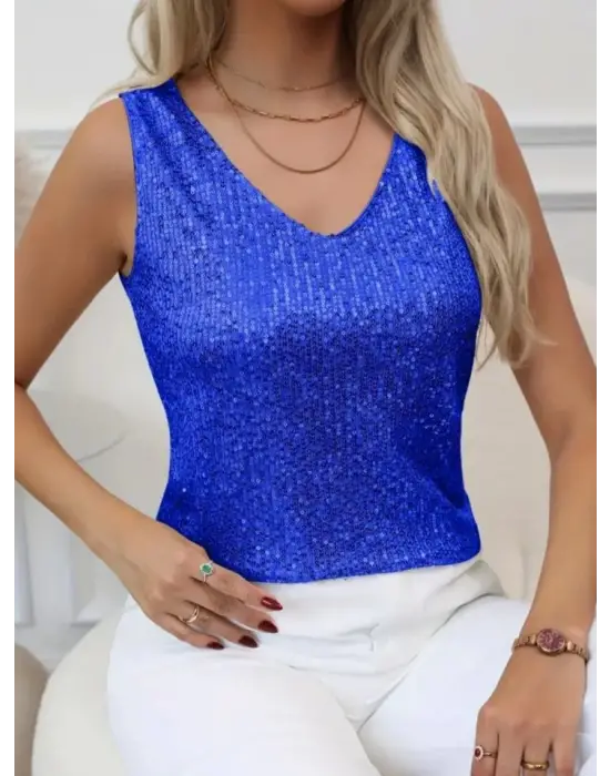 Omarı Parlak Payet Detaylı Kolsuz Bluz