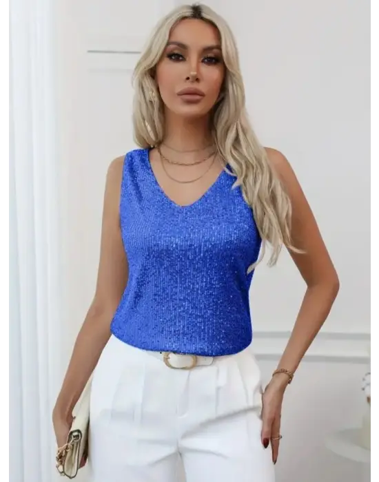 Pul Payetli Sıfır Kol Bluz -Saks