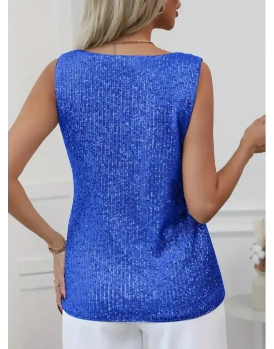 Pul Payetli Sıfır Kol Bluz -Saks