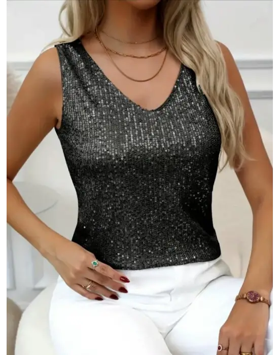 Omarı Siyah Pul Payet Detaylı Bluz