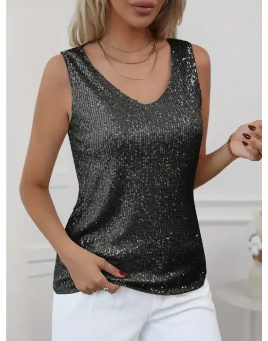 Omarı Siyah Pul Payet Detaylı Bluz