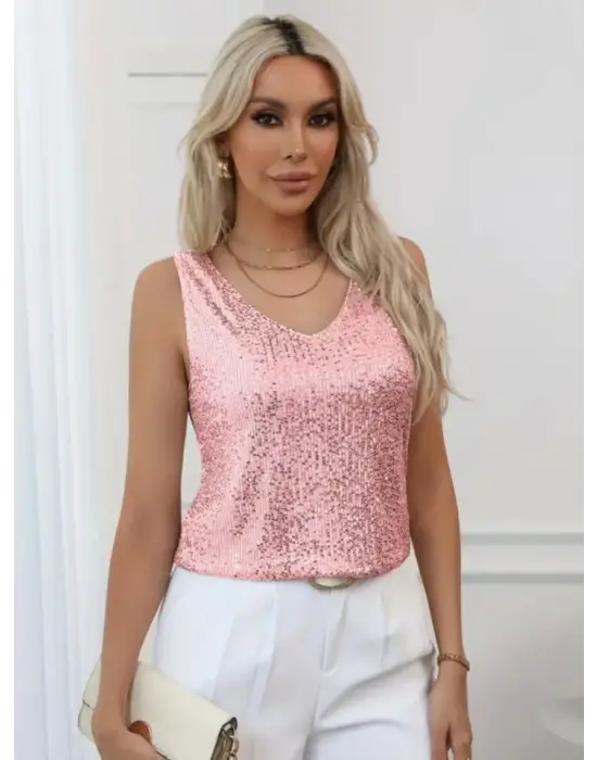 Pul Payetli Sıfır Kol Bluz -Somon