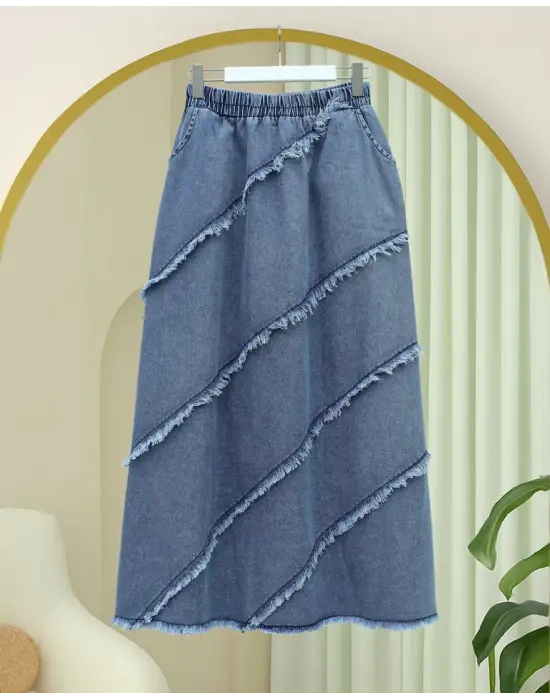 Püskül Detaylı Beli Lastikli Kot Etek  -Mavi