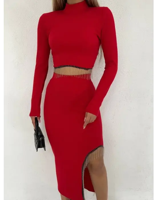 Omarı Püskül Detaylı Yırtmaçlı Kırmızı Etek Takımı