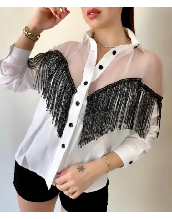 Omarı Elegan Püsküllü Poplin Gömlek Bluz